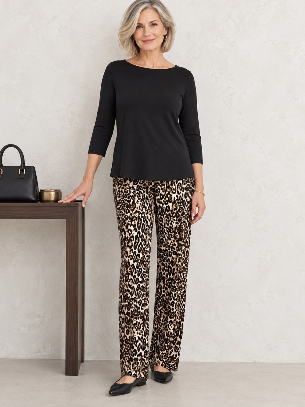 Chico’s Leopard Print Pull On Stretch Knit Straight Leg Pants 2 L